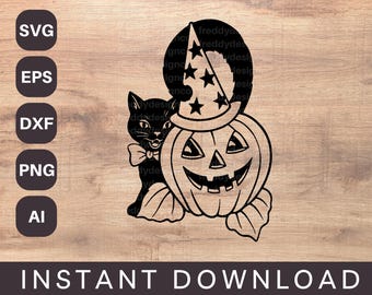 vintage Halloween chat noir & citrouille SVG AI PNG pour créations Cricut | Clipart Halloween | Svg Halloween Svg effrayant | Jack o Lantern svg
