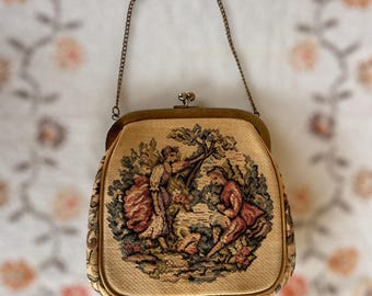 Sac à main Julius Resnick JR aiguilleté vintage des années 1950 - Sac à main tapisserie pour couple courtisant - Fabriqué à Miami du milieu du siècle - sac à main vintage de Style Coquette