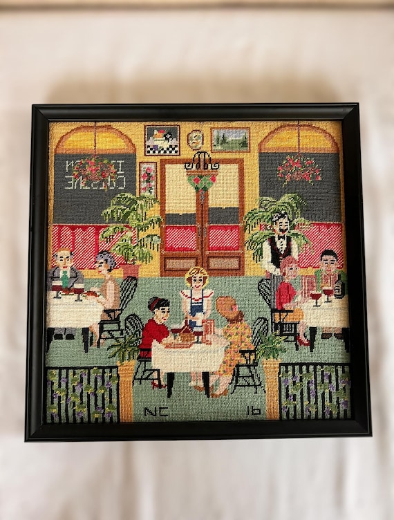 Framed Vintage-Style Needlepoint Art – Colorful French Bistro Scene with Diners – 13"x13" – Folk Art Embroidery Wall Decor
