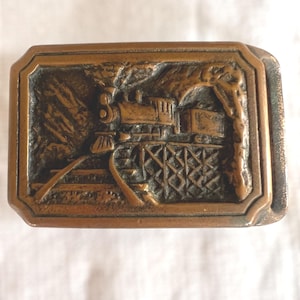 Vintage Solid Brass Train Belt Buckle – T.F. Express Steam Locomotive by The Bergamot Brass Works – Railroad Collectible 1970s Americana