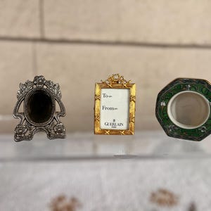 Set of 3 Vintage Miniature Frames – Guerlain Gold Frame, Silver Floral Frame & Japanese Cloisonné-Inspired Frame