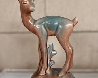 Vintage Mid Century Modern Ceramic Deer Figurine – Brown Blue Glaze 8.5" – Retro Woodland Animal Decor