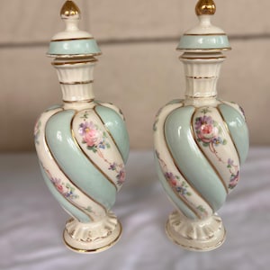 Set of 2 1950s 1960s Vintage Porcelain Perfume Bottle Set – Pastel Coquette Style Aesthetic Swirl Design with Floral & Gold Trim