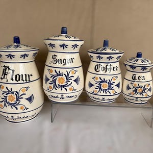 Vintage Royal Sealy Canister Set – Japan Blue Onion Style Flour Sugar Coffee Tea Jars – Ceramic Kitchen Canisters with Lids – 4-Piece Set