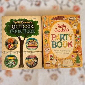 Vintage 1960s Betty Crocker Cookbooks – 1st Edition Hardcover Party Book & Outdoor Cook Book – Midcentury Recipes Retro Art