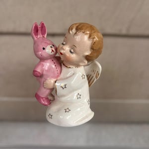 Rare Vintage Ceramic Angel Boy Figurine with Pink Bunny – Midcentury Christmas Angel – Collectible Kitschy Figurine - Made in Japan