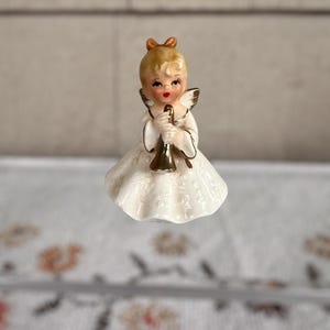 Vintage 1960s Napco Christmas Angel Playing Trumpet - C6351 - Kitschy Christmas Decor - Ceramic Blonde Angel in White with Trumpet