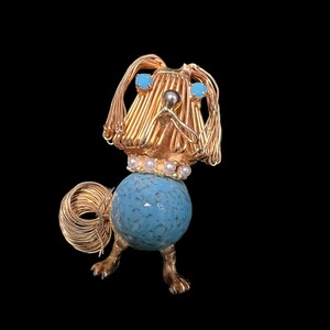 Vintage Wirework Long Haired Dog Brooch Blue Lucite Bead Gold Tone Puppy Pin Figural Animal Jewelry