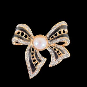 Vintage Bow Brooch with Faux Pearl & Rhinestones – Gold Tone Black Enamel Costume Jewelry