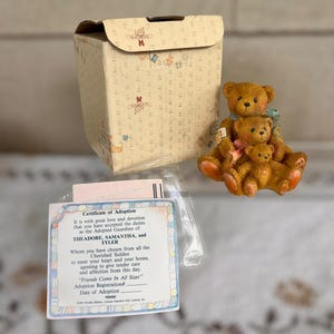 Vintage 90s Cherished Teddies “Theodore Samantha Tyler” Figurine with Box & Adoption Certificate – Hamilton Gifts 1991