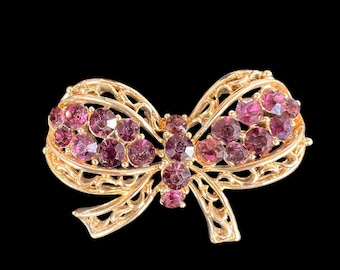 Vintage Gold Tone Bow Brooch with Purple Rhinestones | 2” x 1.25” Coquette Style Filigree Ribbon Pin