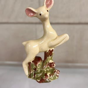 Vintage Ceramic Deer Figurine – Leaping Fawn with Pink Ears and Woodland Base – Mid-Century Japan Style – Cottagecore Deer Home Decor