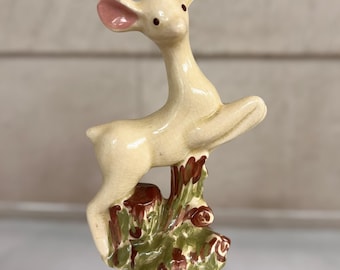 Vintage Ceramic Deer Figurine – Leaping Fawn with Pink Ears and Woodland Base – Mid-Century Japan Style – Cottagecore Deer Home Decor