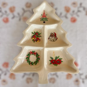 Vintage 1970s Christmas Tree Divided Tray – Retro Holiday Server with Santa, Wreath & Bells – Midcentury Xmas Platter - handmade