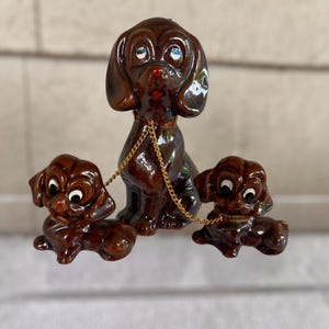 1960s Vintage Anthropomorphic Dog Dachshund Mom & Puppies on Chain Leash Ceramic Figurine - Made in Japan - Kitschy Dogs - Lefton Norcrest