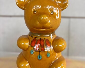 Mid Century Modern Signed Ceramic Bear Bank – Vintage Pottery Coin Bank, 1960s Figural Money Box, Retro Home Decor