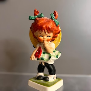 Vintage 1957 Goebel Hummel Figurine “Little Miss Coy” – Redhead Girl with Green Plaid Dress – 4.5”
