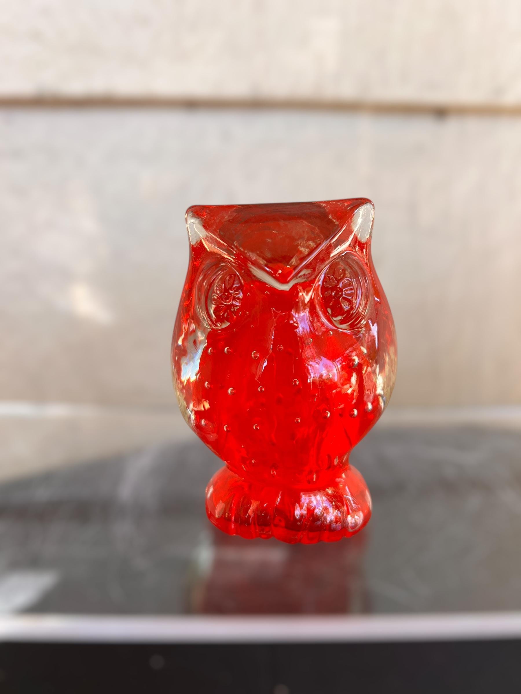 Vintage Lefton Red Glass Owl Figurine – Mid Century Japan Art Glass Paperweight, 3.25" Ta
