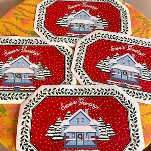 Set of 4 Vintage 1990s Vinyl Christmas Placemats – Holiday House Scene Season’s Greetings Snowy Winter Decor