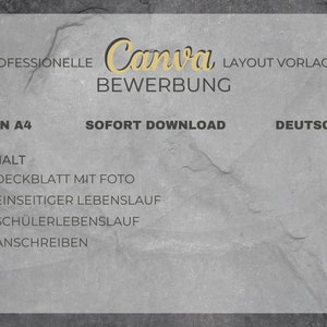 Puede incluir: Un fondo gris texturizado con el texto "PROFESSIONELLE Canva LAYOUT VORLAGEN BEWERBUNG DIN A4 SOFORT DOWNLOAD DEUTSCH INHALT DECKBLATT MIT FOTO EINSEITIGER LEBENSLAUF SCH&Uuml;LERLEBENSLAUF ANSCHREIBEN" en blanco.
