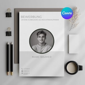 May include: Black and white resume template with a photo of a person. The text on the resume reads "Bewerbung" and "Um eine Ausbildung als Industriekaufmann".