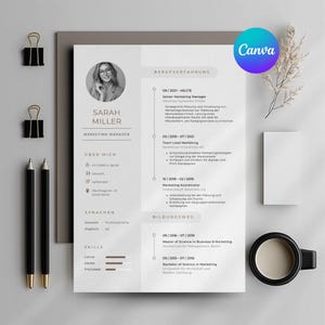 May include: A black and white CV with a headshot of a woman. The CV includes the woman's name, Sarah Miller, her job title, Marketing Manager, and her work experience and education. The CV is in German.