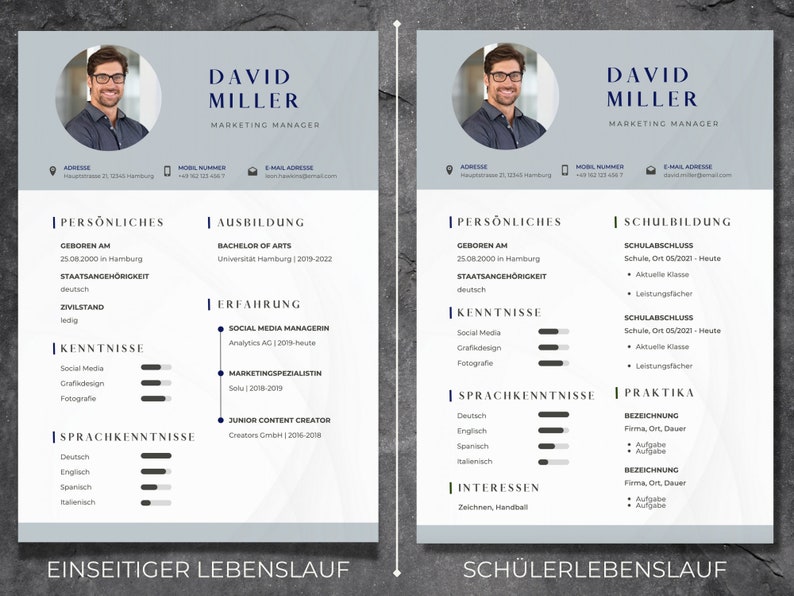 Puede incluir: Una plantilla de curr&iacute;culum con una foto de una persona en la parte superior. El curr&iacute;culum est&aacute; dividido en secciones con encabezados como "Personal", "Educaci&oacute;n", "Experiencia", "Habilidades", "Idiomas" e "Intereses".