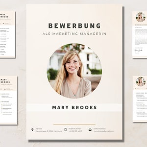 Könnte beinhalten: Eine beigefarbene Lebenslaufvorlage mit einem runden Foto einer lächelnden Frau. Oben auf der Seite steht der Text "BEWERBUNG ALS MARKETING MANAGERIN". Unter dem Foto ist der Name der Frau, "MARY BROOKS", gedruckt. Der Lebenslauf enthält Kontaktinformationen wie Adresse, Telefonnummer und E-Mail-Adresse.