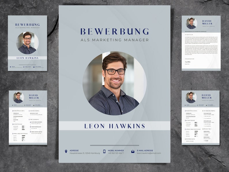 Puede incluir: Una plantilla de curr&iacute;culum vitae azul claro y blanco con una foto de un hombre con gafas. El texto "BEWERBUNG ALS MARKETING MANAGER" est&aacute; en la parte superior de la p&aacute;gina. El nombre del hombre es "LEON HAWKINS" y su informaci&oacute;n de contacto se encuentra a continuaci&oacute;n.