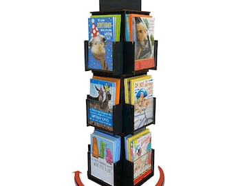 Rotating Greeting Card Display Stand, 3 Tier Wooden Organizer, 4-Sided Display Rack 360 Degree Spinning Multi-Pocket Display for Post Cards