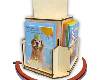 Rotating greeting card display stand, 1 tier wooden organizer, 4-sided display rack 360 degree spinning multi-pocket display for post cards
