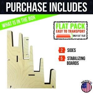 Peut inclure: Un pr&eacute;sentoir en bois avec cinq planches de stabilisation et deux c&ocirc;t&eacute;s. Le pr&eacute;sentoir est emball&eacute; &agrave; plat pour un transport facile. Le texte "PURCHASE INCLUDES" et "WHAT IS IN THE BOX" est visible en haut de l'image. Le texte "FLAT PACK EASY TO TRANSPORT ONLY 0.5" FLAT" est visible dans le coin sup&eacute;rieur droit de l'image. Le texte "2 SIDES" et "5 STABILIZING BOARDS" est visible dans le coin inf&eacute;rieur droit de l'image. Le texte "MADE IN THE USA" est visible dans le coin inf&eacute;rieur droit de l'image.