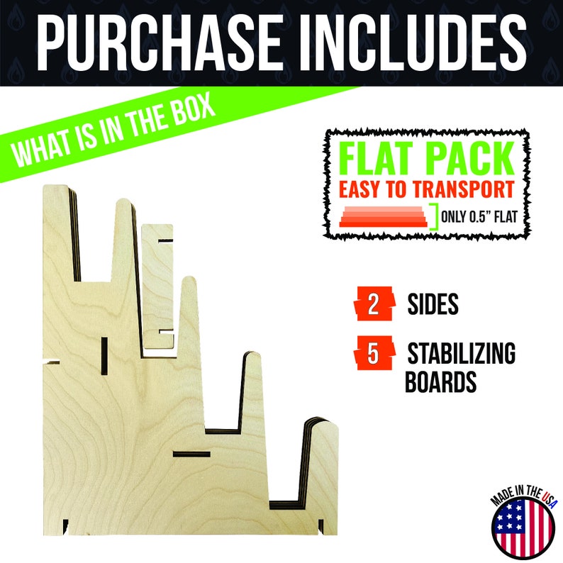 Peut inclure: Un pr&eacute;sentoir en bois avec cinq planches de stabilisation et deux c&ocirc;t&eacute;s. Le pr&eacute;sentoir est emball&eacute; &agrave; plat pour un transport facile. Le texte "PURCHASE INCLUDES" et "WHAT IS IN THE BOX" est visible en haut de l'image. Le texte "FLAT PACK EASY TO TRANSPORT ONLY 0.5" FLAT" est visible dans le coin sup&eacute;rieur droit de l'image. Le texte "2 SIDES" et "5 STABILIZING BOARDS" est visible dans le coin inf&eacute;rieur droit de l'image. Le texte "MADE IN THE USA" est visible dans le coin inf&eacute;rieur droit de l'image.