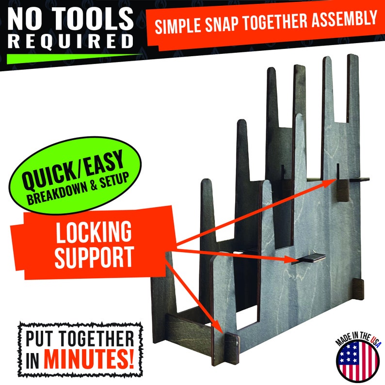 Peut inclure: Un support en bois gris avec un support de verrouillage pour l'affichage de plusieurs articles. Le support est fabriqu&eacute; aux &Eacute;tats-Unis et s'assemble rapidement et facilement sans outils. Le texte "NO TOOLS REQUIRED" et "SIMPLE SNAP TOGETHER ASSEMBLY" est imprim&eacute; sur l'image.
