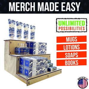 May include: A wooden display stand showcasing various products, including lotions, soaps, and books. The products feature blue and white floral designs. The text "MERCH MADE EASY" and "UNLIMITED POSSIBILITIES" are visible.