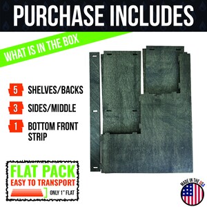 May include: Image of flat-pack wooden shelf components. The text "PURCHASE INCLUDES" and "WHAT IS IN THE BOX" are at the top. The image shows 5 shelves/backs, 3 sides/middle, and 1 bottom front strip. The text "FLAT PACK" and "EASY TO TRANSPORT" are also visible.