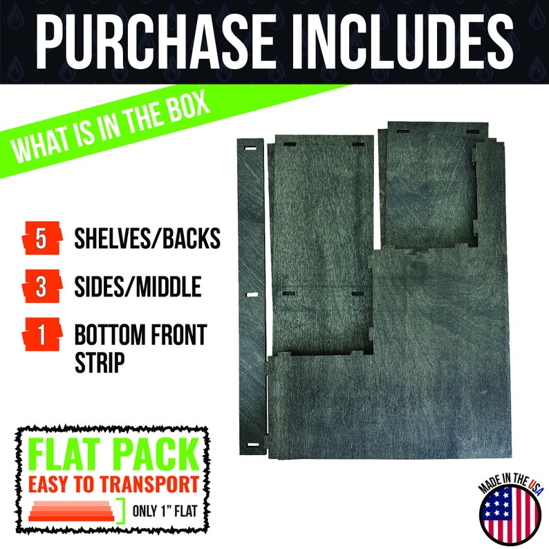 May include: Image of flat-pack wooden shelf components. The text "PURCHASE INCLUDES" and "WHAT IS IN THE BOX" are at the top. The image shows 5 shelves/backs, 3 sides/middle, and 1 bottom front strip. The text "FLAT PACK" and "EASY TO TRANSPORT" are also visible.