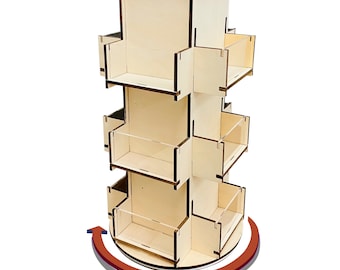 Rotating display stand, 3 tier wooden organizer, 4-sided display rack, 180 degree spinning multi-pocket tabletop display stand for stickers