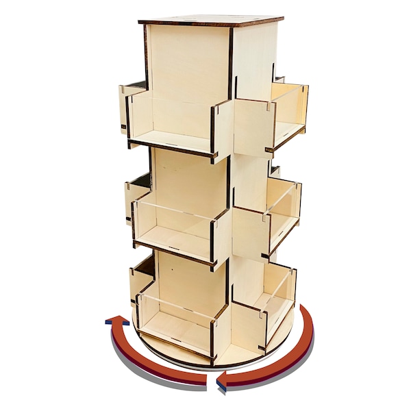 Rotating display stand, 3 tier wooden organizer, 4-sided display rack, 180 degree spinning multi-pocket tabletop display stand for stickers