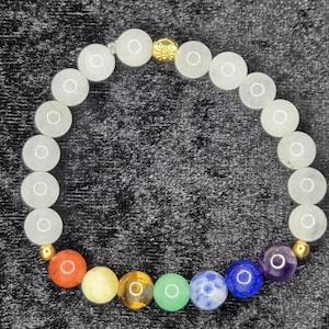 7 Chakra White Jade Stone Bracelet: Lined with8 mm Round White Jade , 7 Chakra Gemstones (Chakra Bracelet, Evil Eye, Grade AAA Stones)