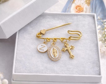 Gold Plated Pave Custom Catholic Baby gift, Baptism Gift, Protection Pin, New Baby gift, Baptism Charm, Christening Gift, Blessed mother Pin