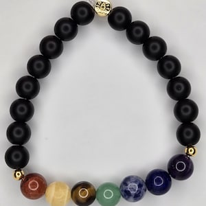 7 Stone Chakra Bracelet: Lined with 8 mm Round Black Onyx , 7 Chakra Gemstones (Chakra Bracelet, Evil Eye, Grade AAA Stones, Yoga)