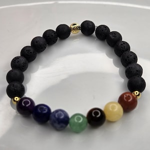 7 Chakra Lava Stone Bracelet  8 mm Round Onyx  & 7 Chakra Gemstones (Chakra Bracelet, Evil Eye, Grade AAA Stones)