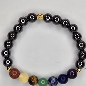 7 Chakra Hermati Stone Bracelet: Lined with8 mm Round Black Hematite  7 Chakra Gemstones (Chakra Bracelet, Evil Eye, Grade AAA Stones , Yoga