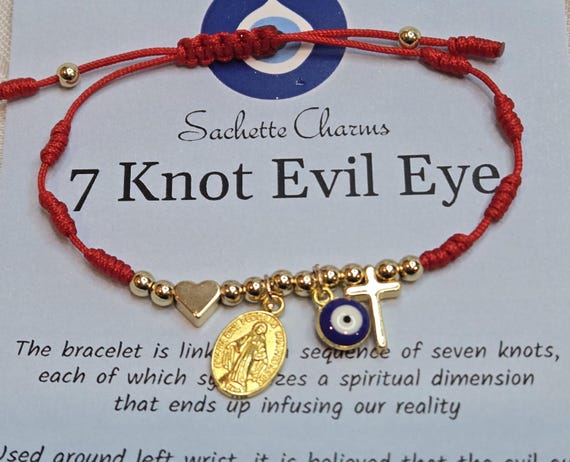 Blessed Mother Red 7 Knot Evil Eye Bracelet : Protection Talisman, Adjustable