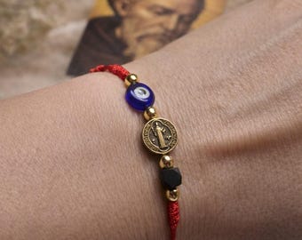 Red 7 Knot Evil Eye Bracelet with Azabache and St. Benedict: Protection Talisman, Adjustable