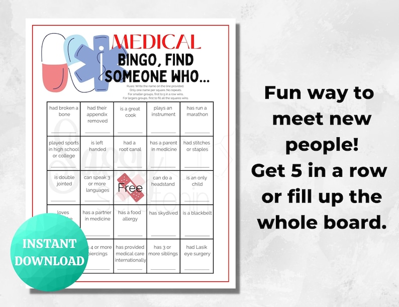 Medical Bingo Find Someone Who PRINTABLE Medical Game Etsy