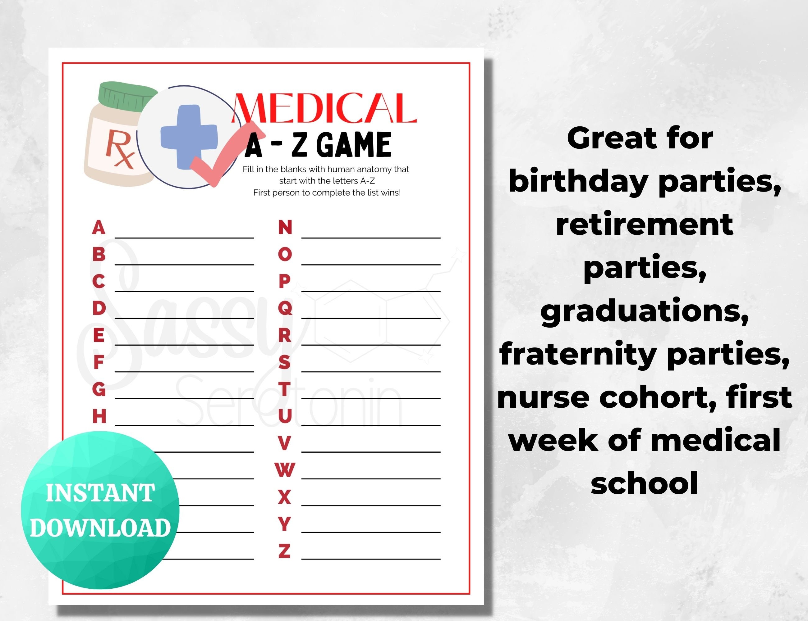 Medical A to Z Game PRINTABLE Medical Game Doctor Nurse Fun Game