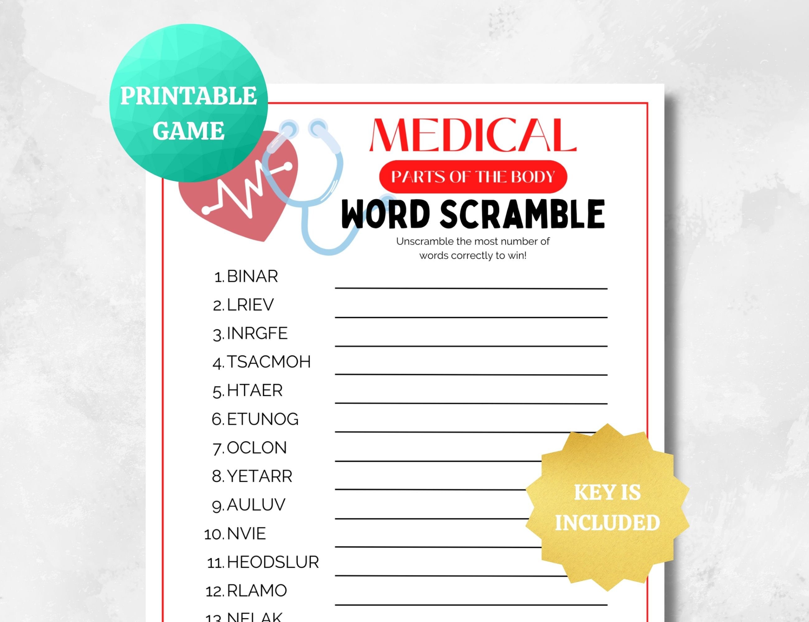 Medical Word Scramble | PRINTABLE Medical Game | Doctor Nurse Fun Game | Graduation, White Coat, Retirement, Work, Birthday, Teaching