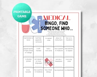 Medical Bingo, Find Someone Who | PRINTABLE Medical Game | Doctor Nurse Fun Game | Medical Nursing School Icebreaker, Retirement, Graduation
